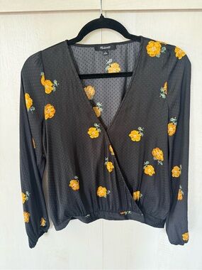 Madewell Black Wrap Blouse Yellow Floral Print Small